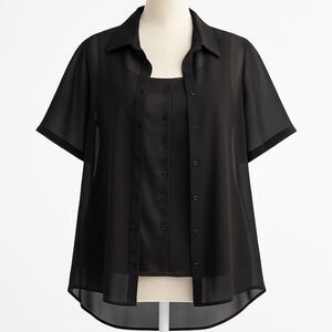 Plus Size Black Sheer Button Down Blouse w/ Satin Tank 18W 20W over size tunic